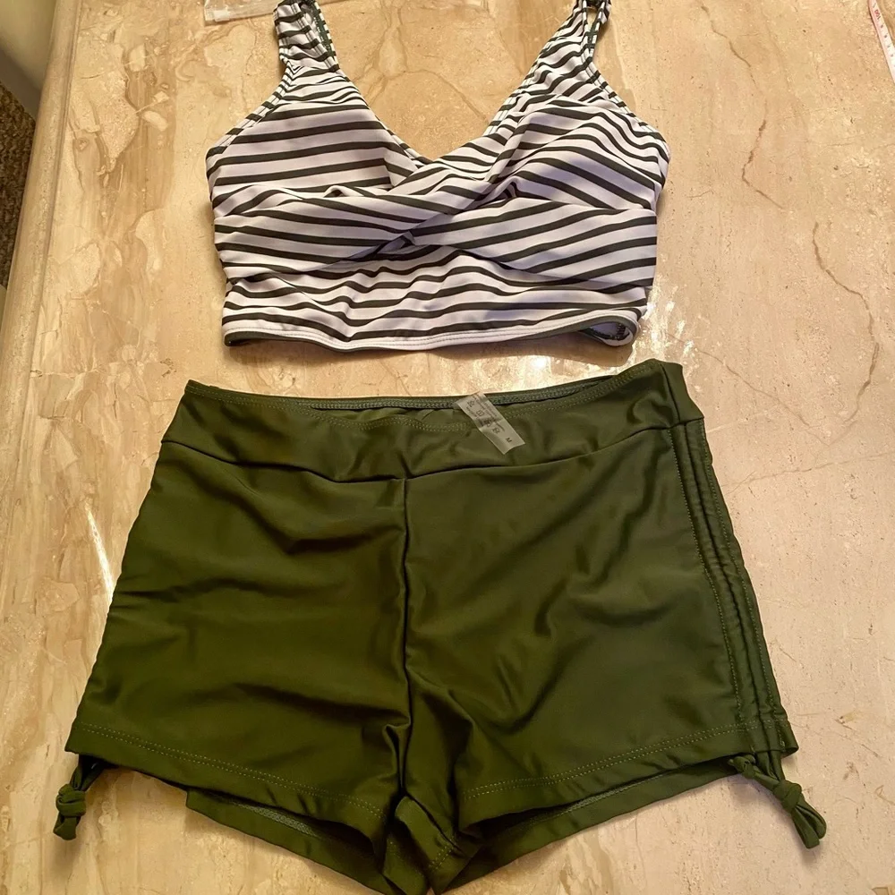 Striped V-Neck Swim Top & Olive Swim Shorts Set